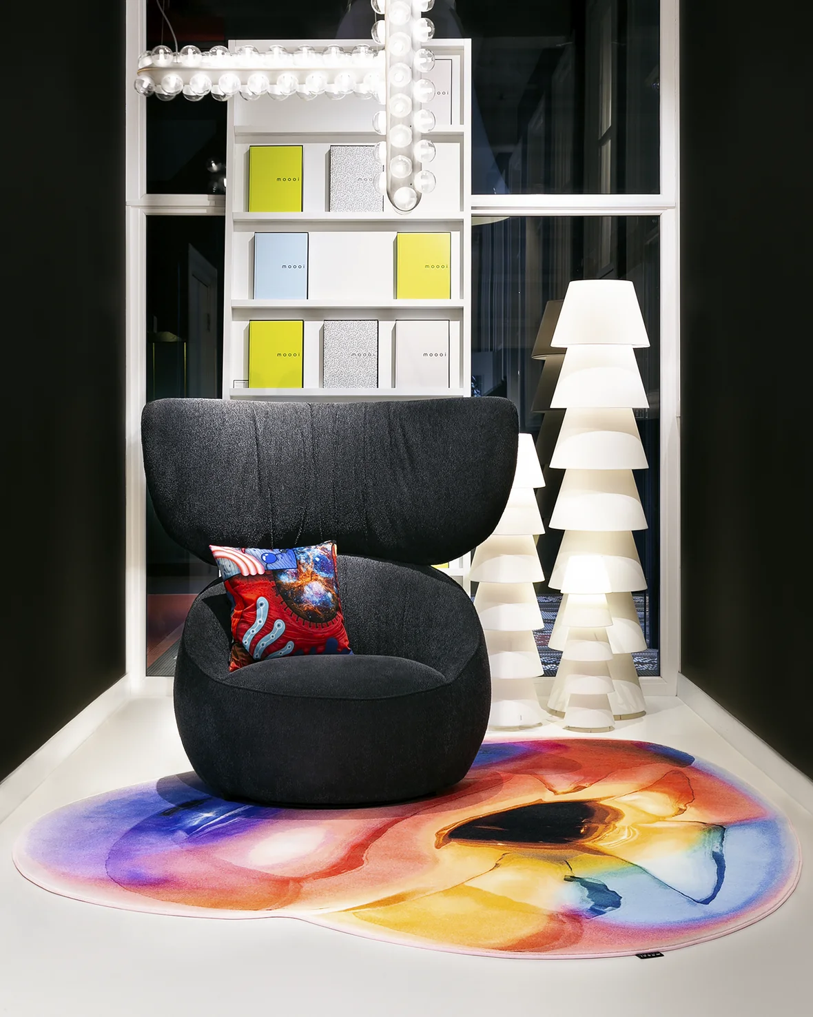 Heart Donut carpet applied image with Hana wingback chair and set up shade lamps 